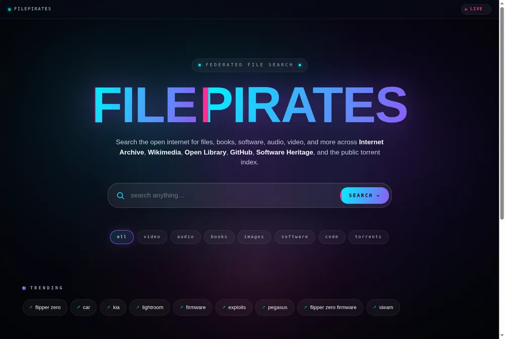 FilePirates file sharing search engine homepage with a federated search bar across Internet Archive, GitHub and public torrents