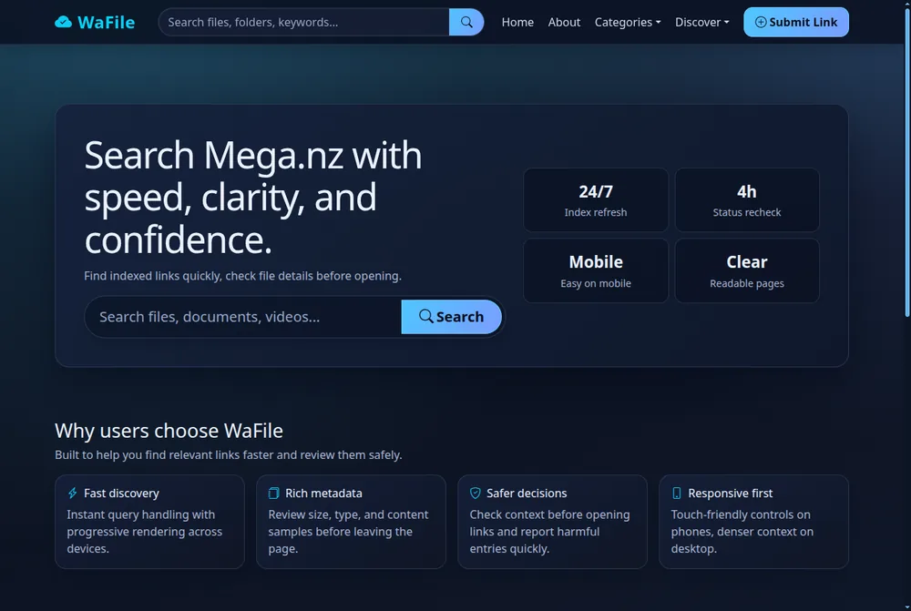 WaFile Mega.nz file search engine homepage showing a search bar and index refresh, status recheck and metadata features